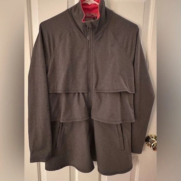 ATHLETA Retro Renew SMALL Gray Flirty Jacket With Tiered Ruffle Layers Twirly - Picture 2 of 11